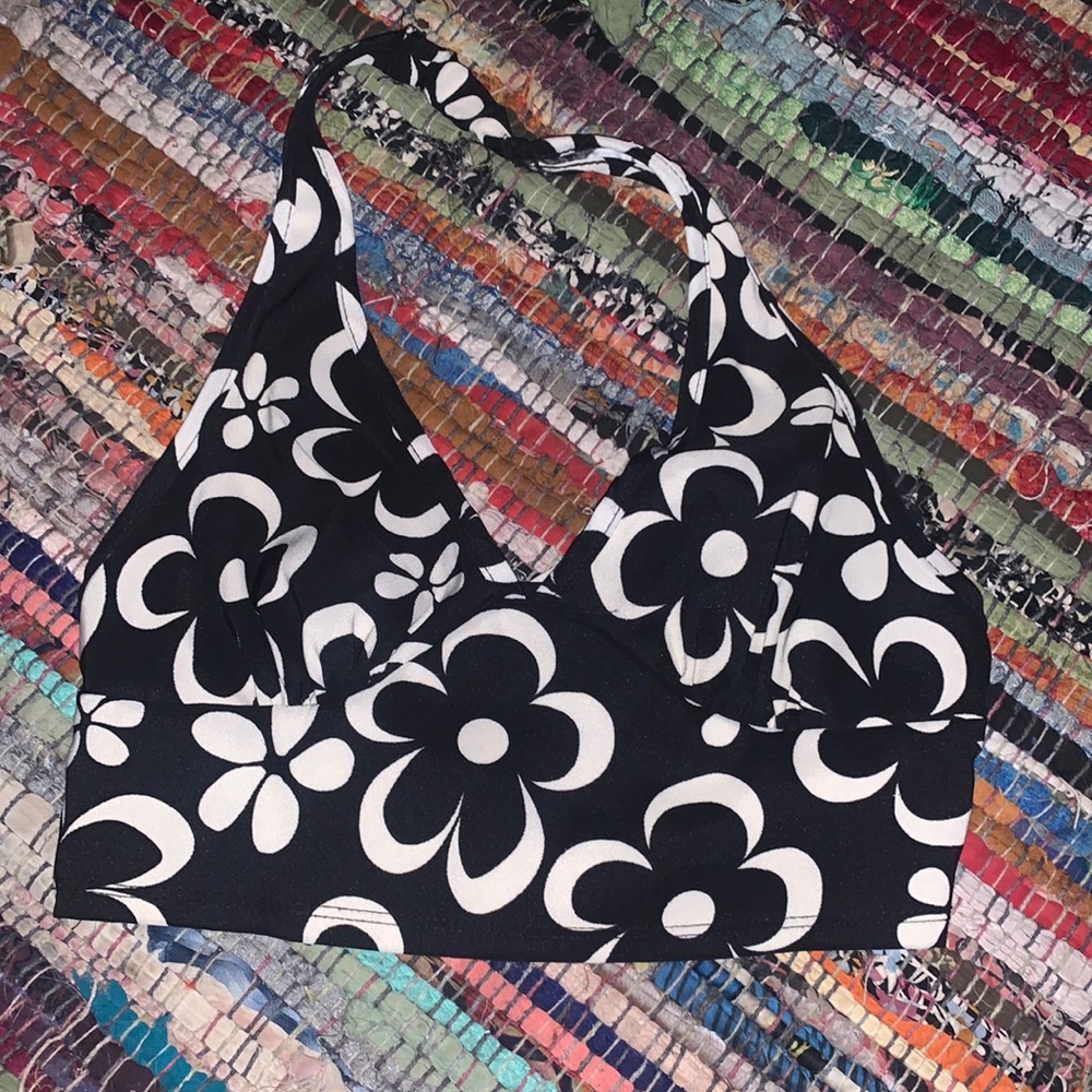 black and white halter top with flowers